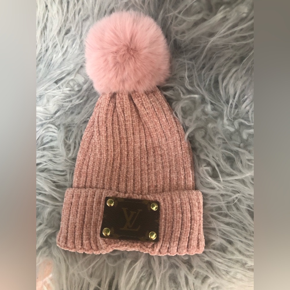 Pink beanie with authentic REPURPOSED LV logo